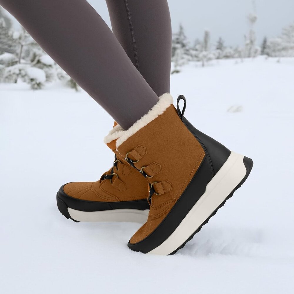 Women Tan Faux Fur Collar Ankle Booties with Microfleece Lining Anti-Slip Sole - Picture 5 of 6